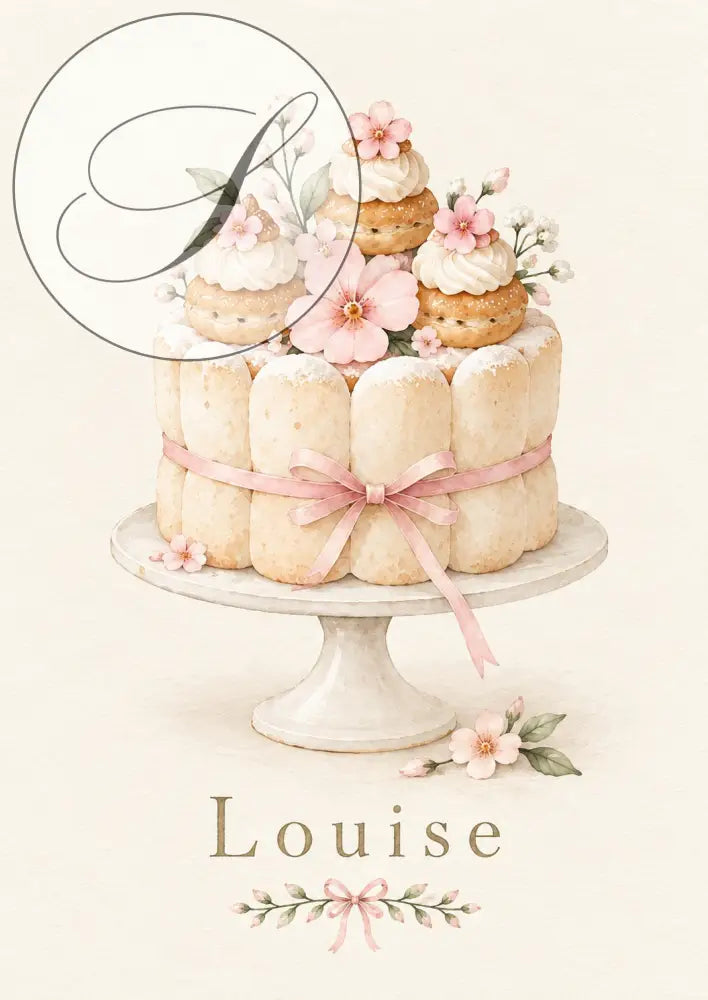 Cadeau naissance personnalisé : affiche prénom bébé sous une charlotte aux choux et fleurs roses