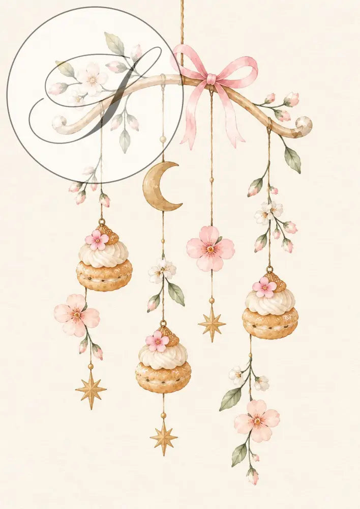 Cadeau naissance : affiche mobile de choux, lune, étoiles et fleurs roses suspendus à une branche