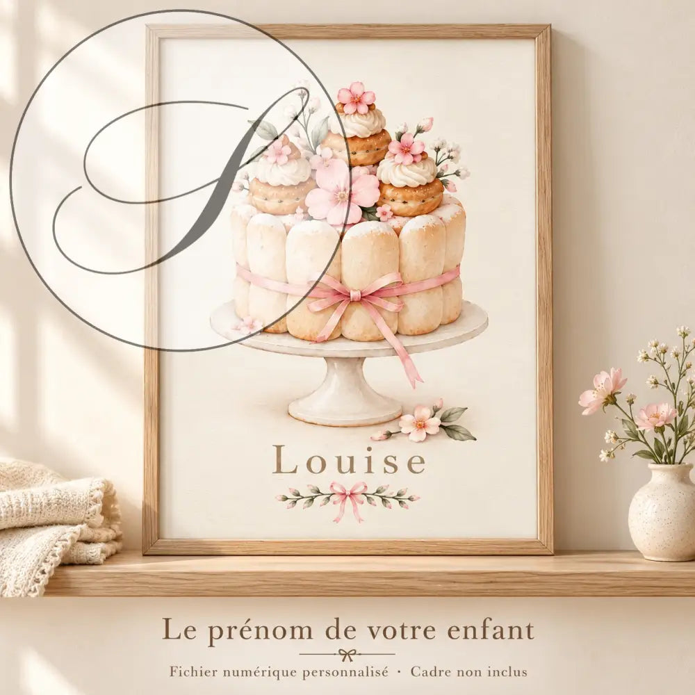 Cadeau naissance personnalisé : affiche prénom de votre enfant avec charlotte, encadrée en bois clair