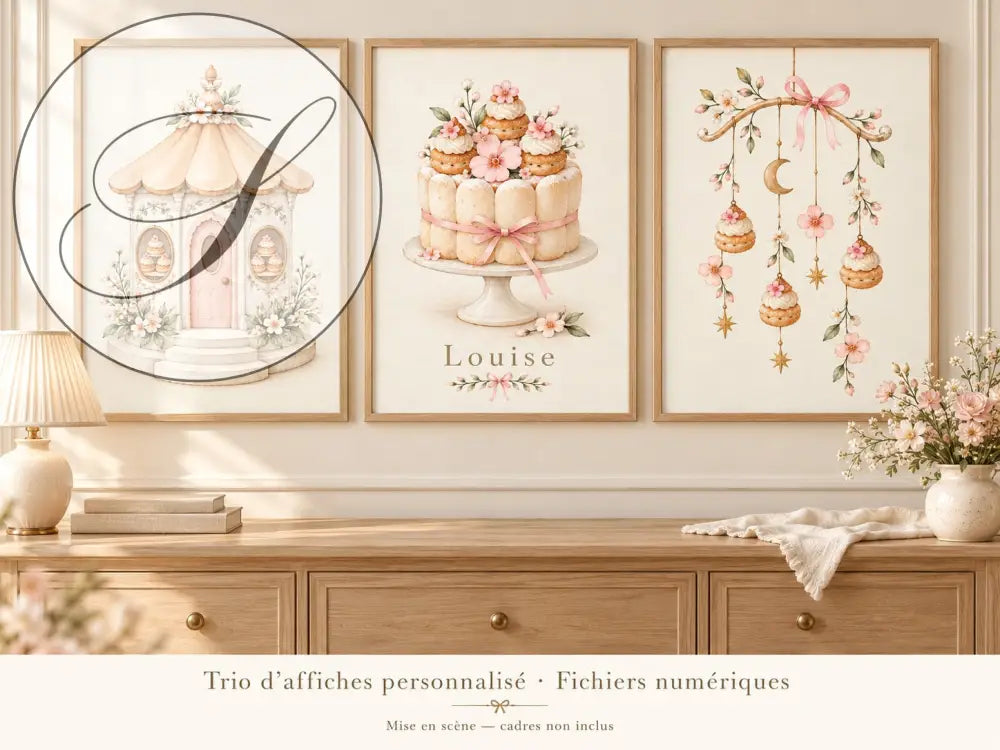 Cadeau naissance original : pack de 3 affiches personnalisées pâtisserie française au-dessus d'une commode, chambre de bébé