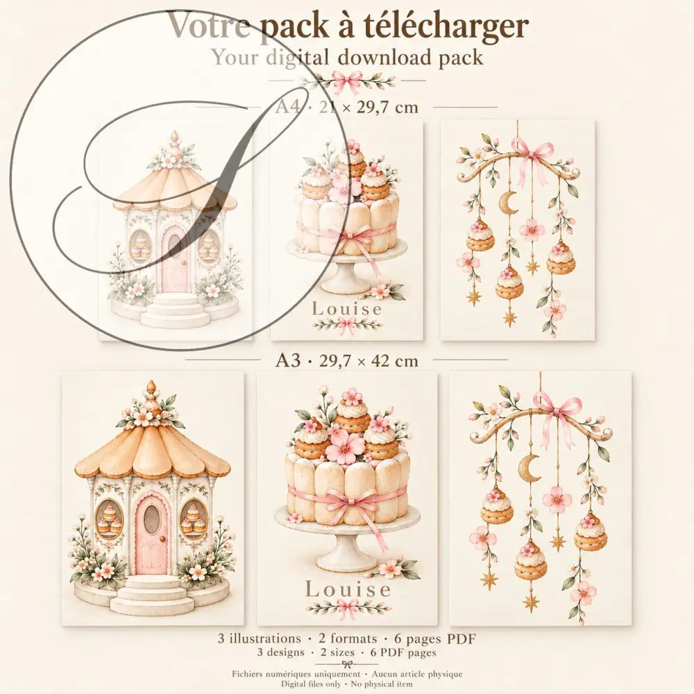 Cadeau naissance : contenu du pack, 3 affiches pâtisserie en A4 et A3, PDF