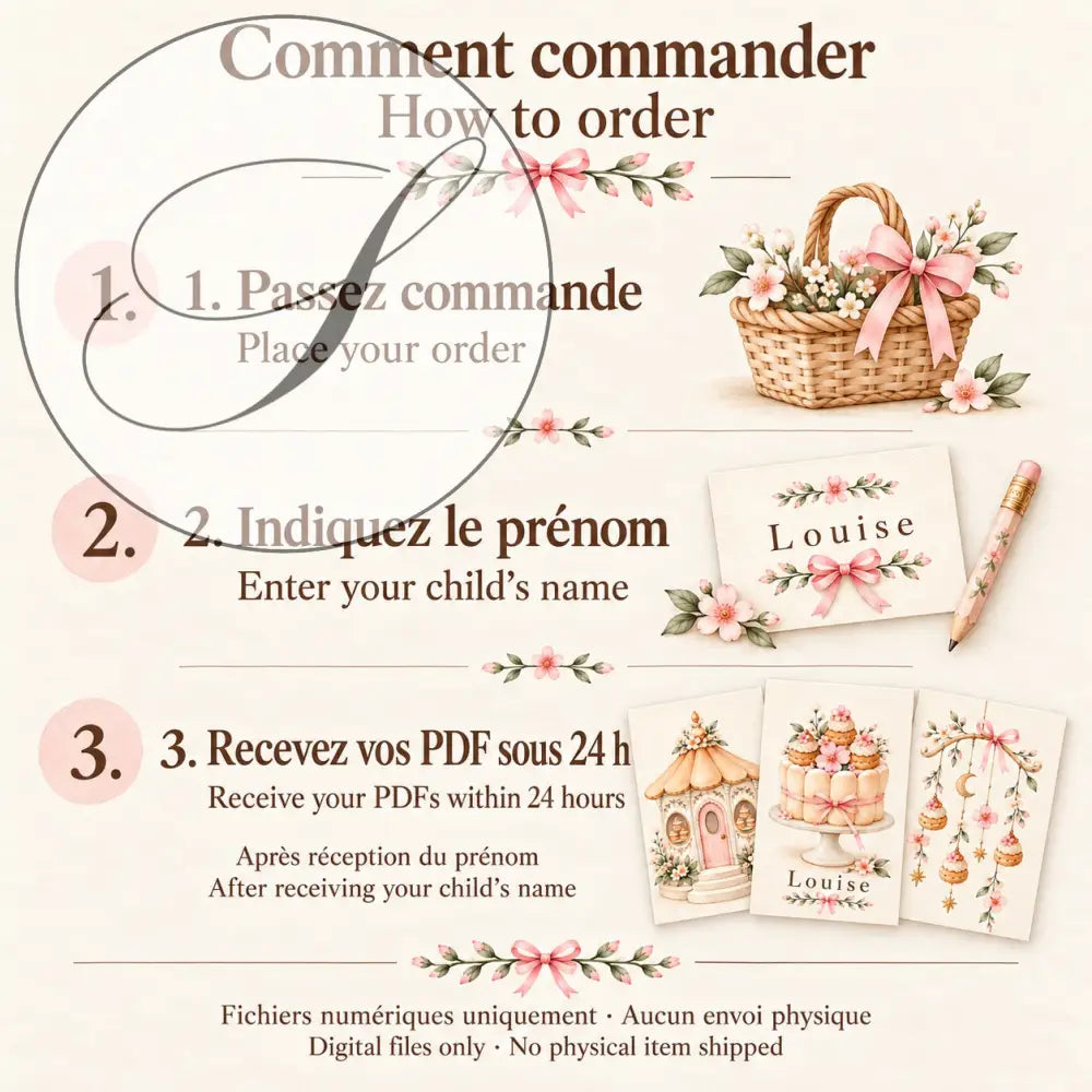 Cadeau naissance personnalisé, comment commander : indiquez le prénom, fichiers PDF reçus sous 24 h
