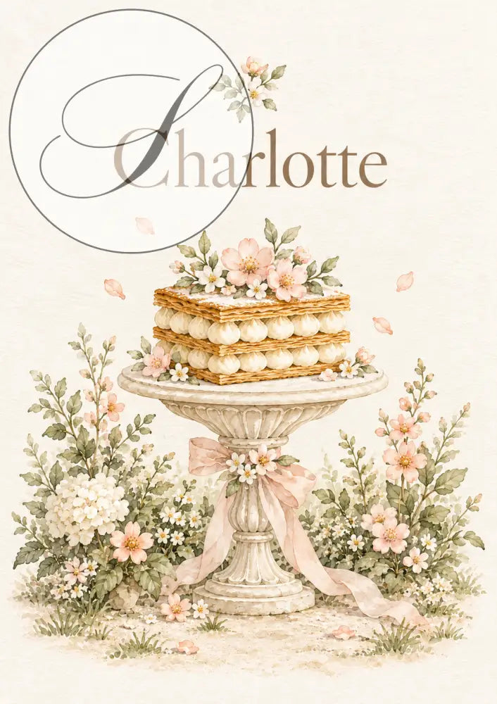 Cadeau naissance : affiche prénom bébé au-dessus d'un gâteau sur un présentoir fleuri, tons crème et rose poudré