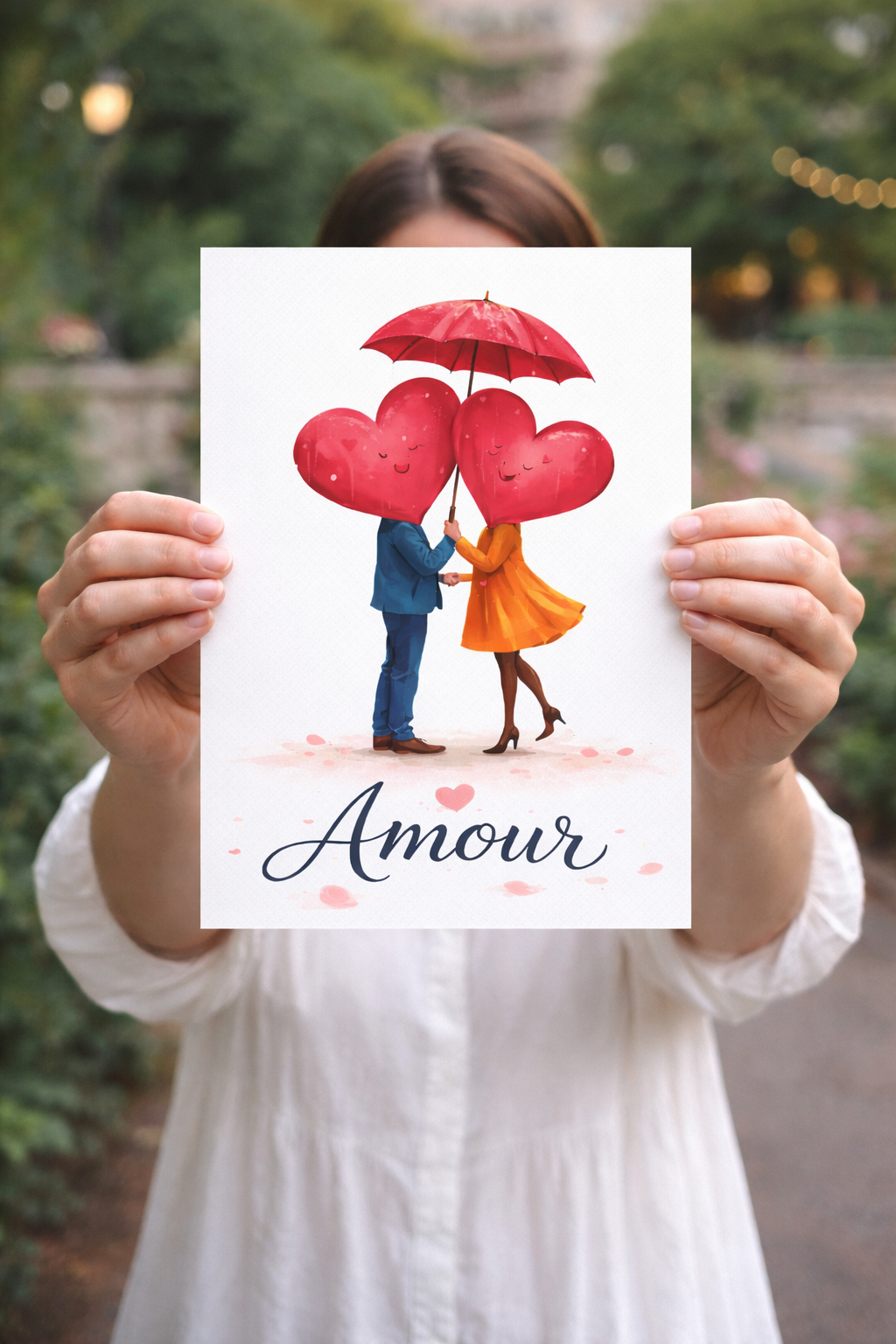 Poster amour avec deux coeurs sous un parapluie – cadeau Saint Valentin à imprimer