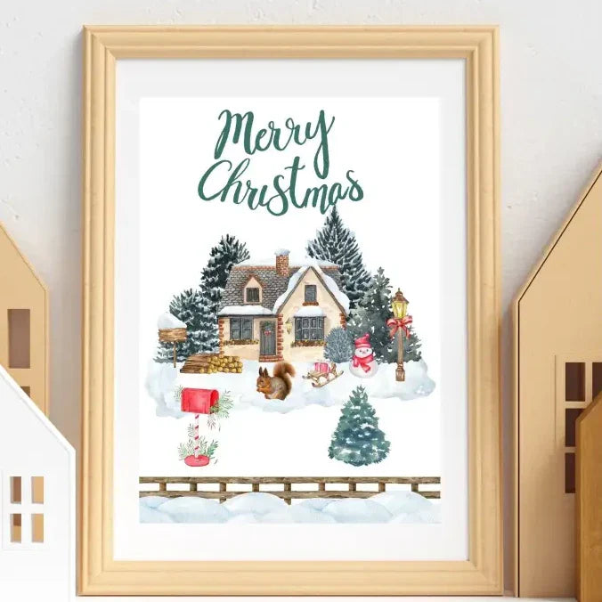 Affiche noël avec illustration aquarelle dune maison enneigée et personnages festifs idéale i