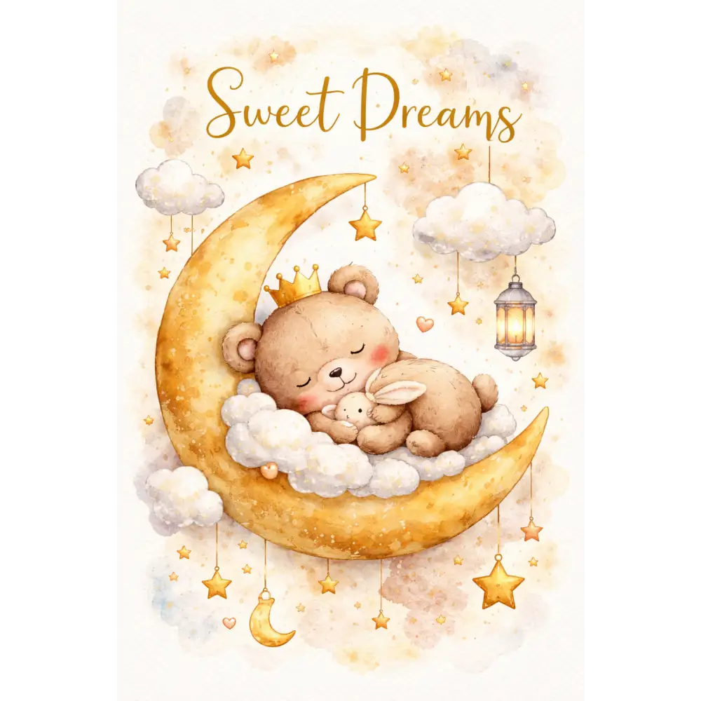 Affiche chambre bébé ours et lune avec illustration douce dours brun portant une couronne sur lune parfaite pour chambre bébé