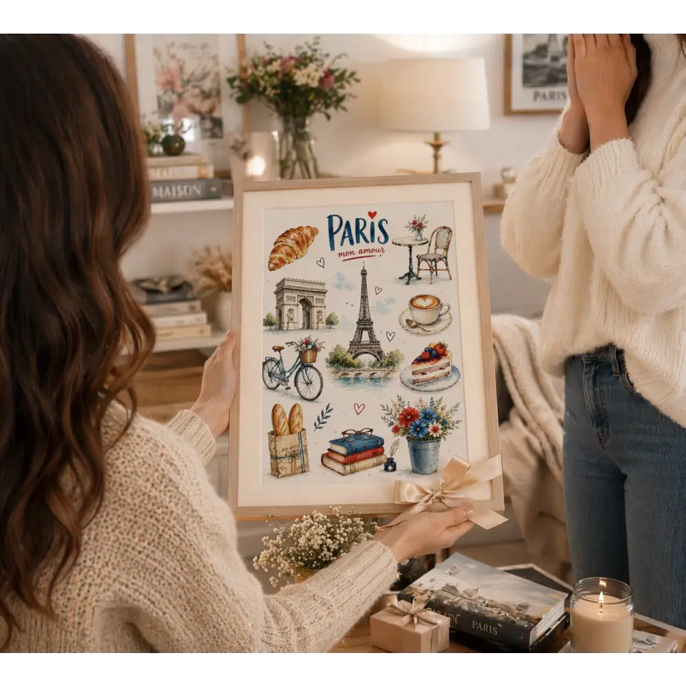Affiche paris vintage avec illustration parisienne douce en aquarelle et ruban crème pour décoration murale élégante