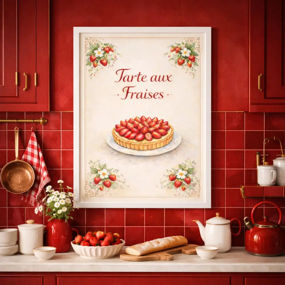 Poster recette tarte aux fraises décoration cuisine wall art gourmand