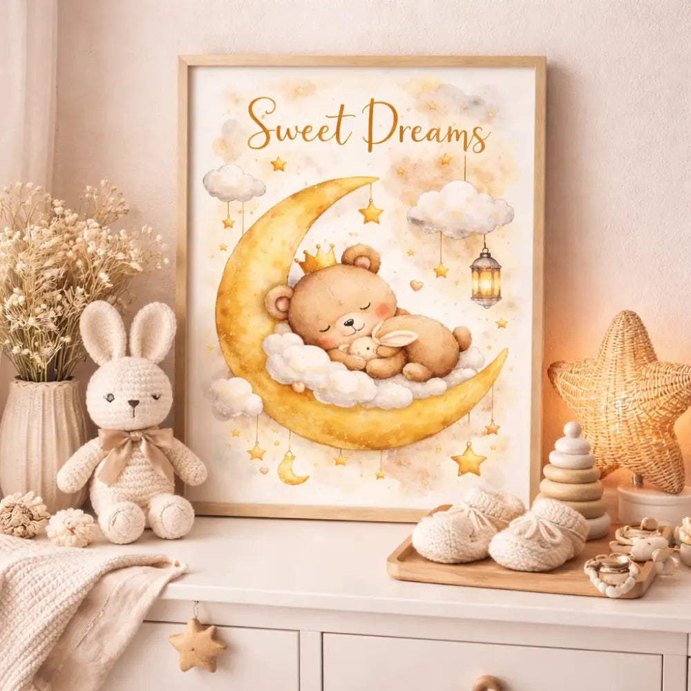 Affiche chambre bébé avec ours et lune dorée, ourson couronné dans les nuages, parfait pour chambre bébé décor
