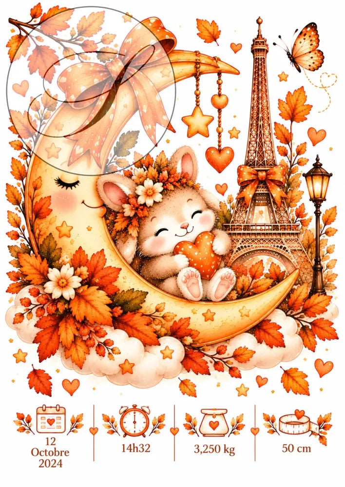 Cadeau naissance : affiche personnalisée lapin endormi sur la lune avec date, heure, poids et taille de bébé, tour Eiffel en automne