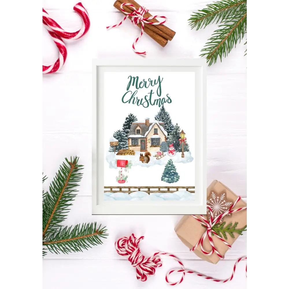 Affiche noël blanche avec illustration village enneigé aquarelle maison beige sapins verts et personnages festifs idéale idée cadeau