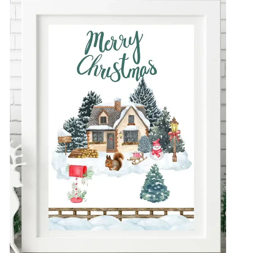 Affiche noël blanche avec illustration d une maison enneigée, sapins, boîte aux lettres rouge et bonhomme de neige chic moderne