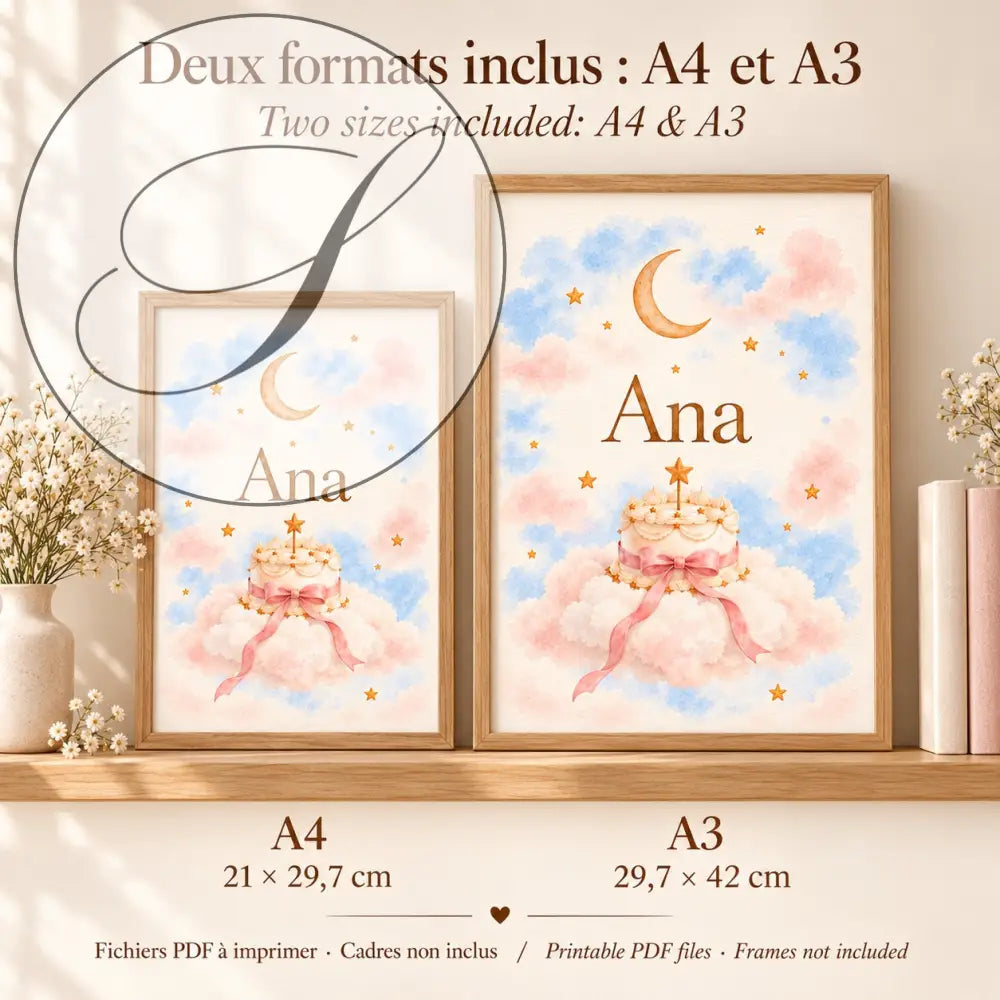 Cadeau naissance à imprimer : affiches prénom parmi les nuages en formats A4 21 x 29,7 cm et A3 29,7 x 42 cm