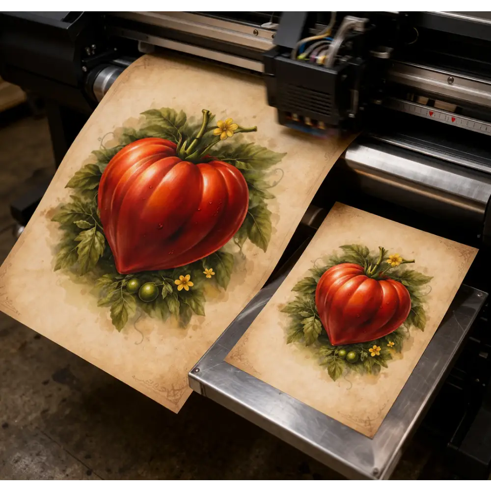 Affiche cuisine avec illustration tomate rouge en forme de cœur sur papier parchemin pour décoration murale cuisine tendance naturelle