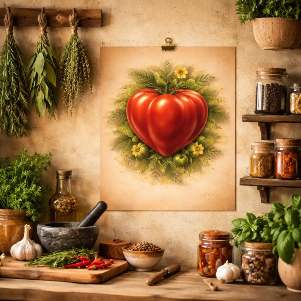 Affiche cuisine avec illustration tomate rouge en forme de coeur entourée de fleurs pour décoration murale cuisine tendance naturelle