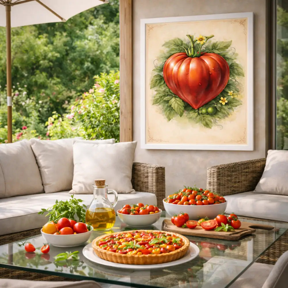 Affiche botanique tomate rouge intense style planche naturaliste ancienne