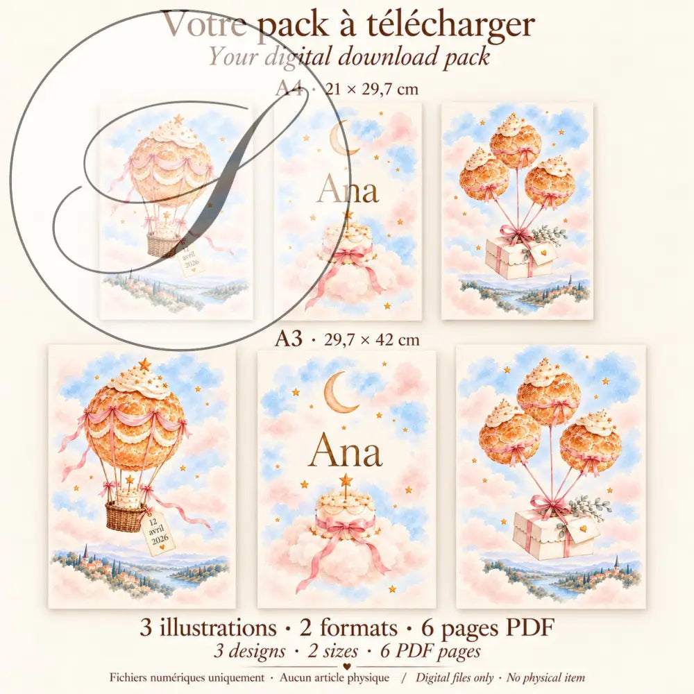 Cadeau naissance : contenu du pack, 3 affiches personnalisées en A4 et A3, 6 pages PDF