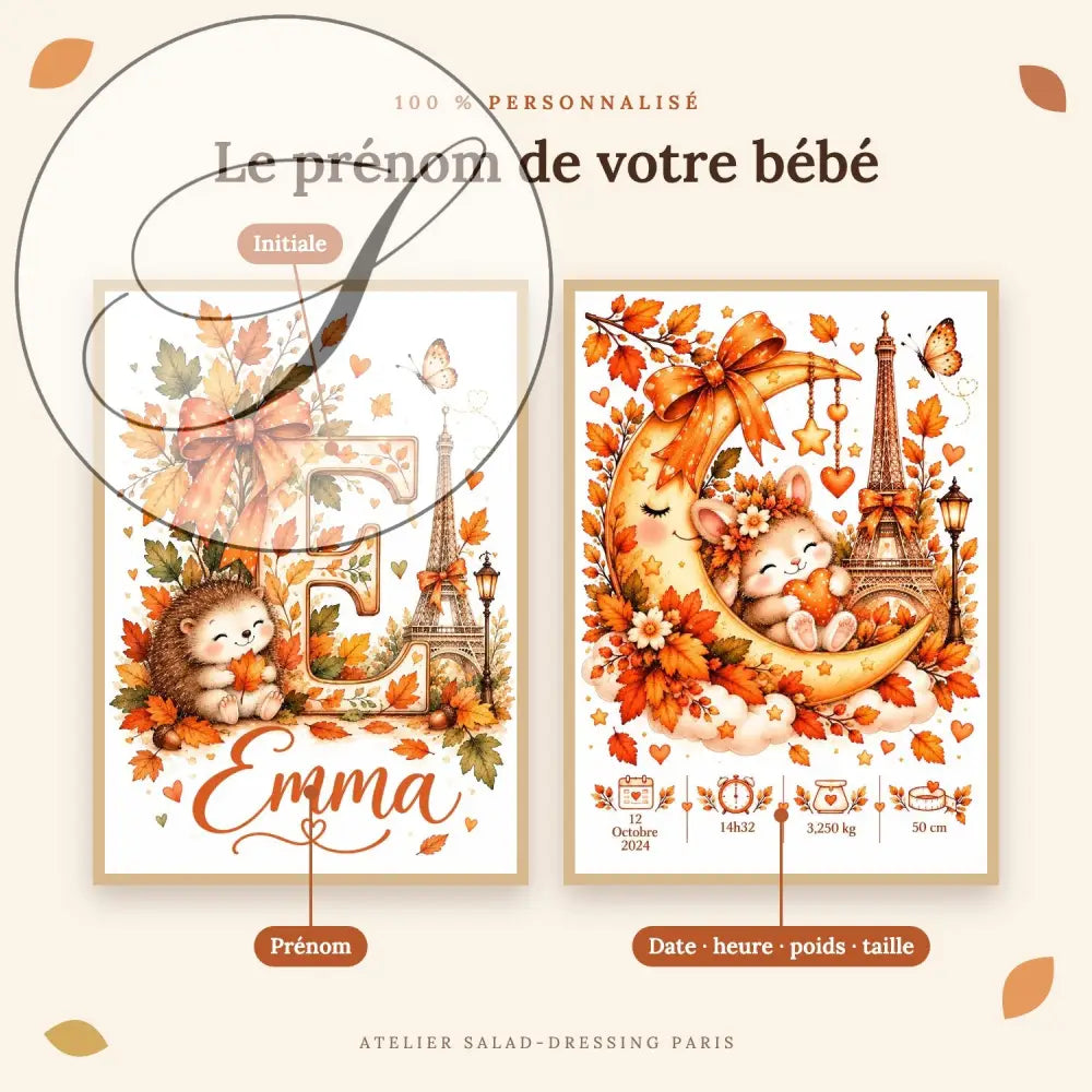 Cadeau naissance personnalisé : initiale, prénom, date, heure, poids et taille de bébé sur les 2 affiches automne à Paris