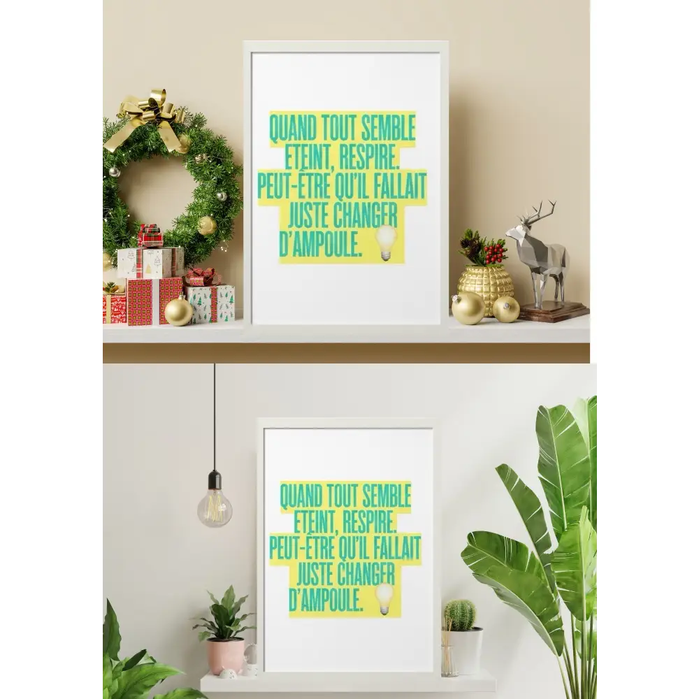 Poster inspirant blanc avec texte en vert et jaune et illustration dampoule pour décoration murale motivation