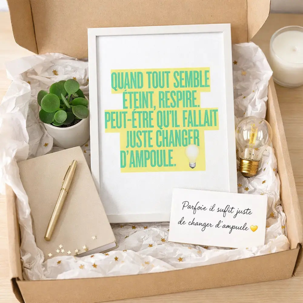 Affiche inspirante blanche avec texte vert et jaune quand tout semble éteint respire pour décoration murale motivation
