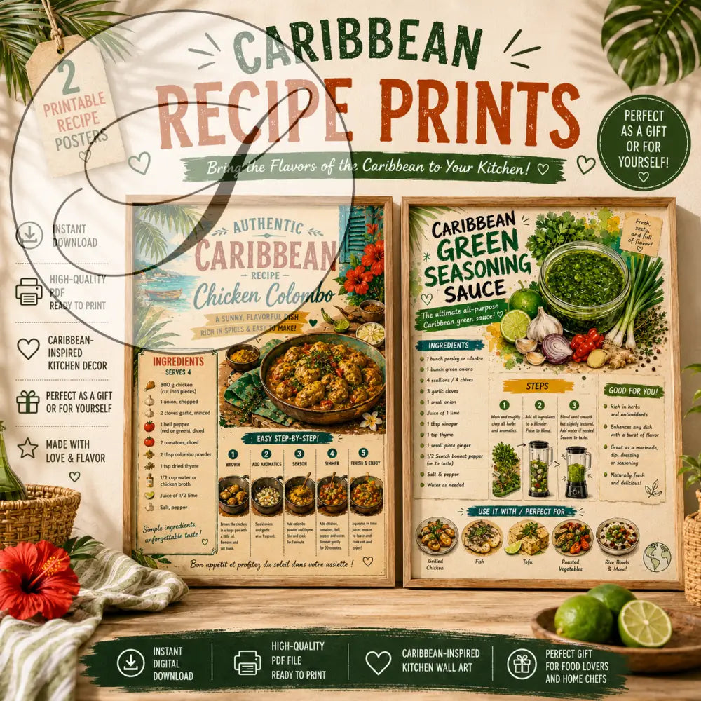 Lot de 2 affiches recettes caribéennes à imprimer avec illustrations tropicales et instructions pour colombo et sauce verte