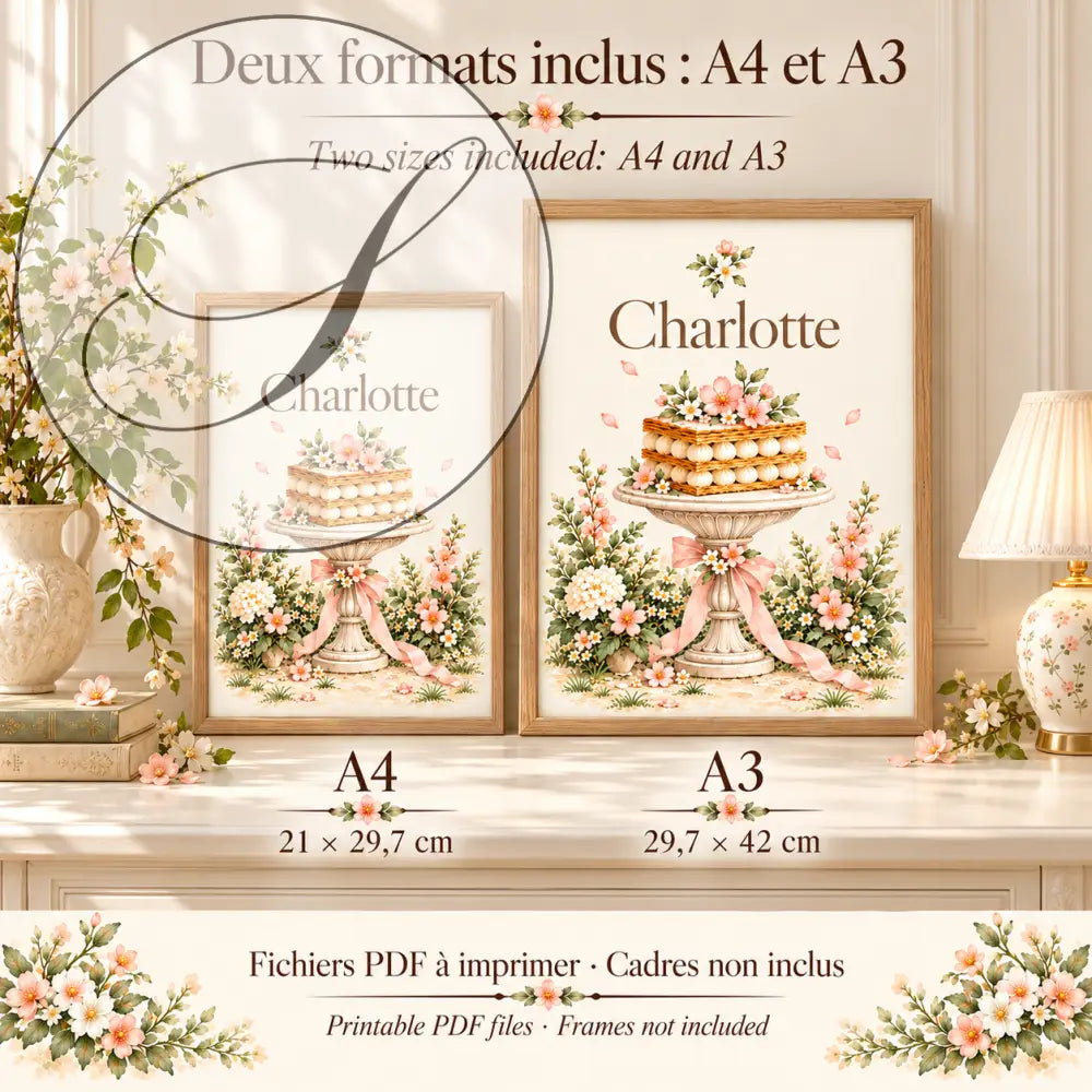 Cadeau naissance à imprimer : affiches jardin enchanté en formats A4 21 x 29,7 cm et A3 29,7 x 42 cm