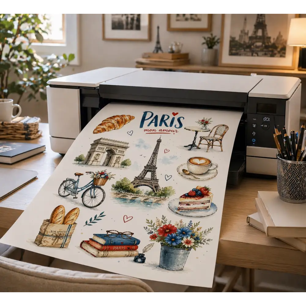 Imprimante blanche éjectant une affiche paris vintage avec tour eiffel croissants et livres pour décoration murale élégante