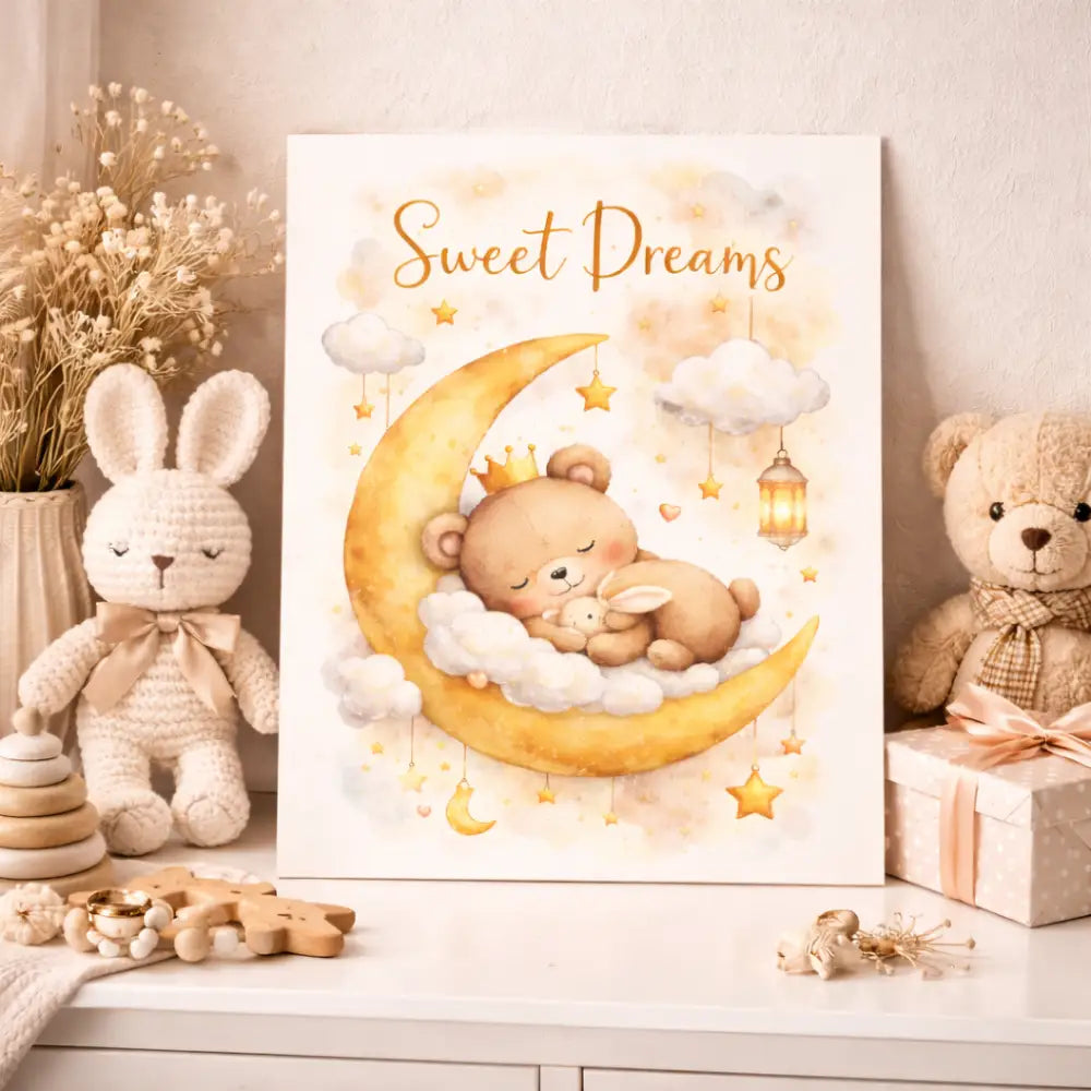 Affiche chambre bébé doux beige avec ours et lune endormis sur croissant de lune parfait pour chambre bébé