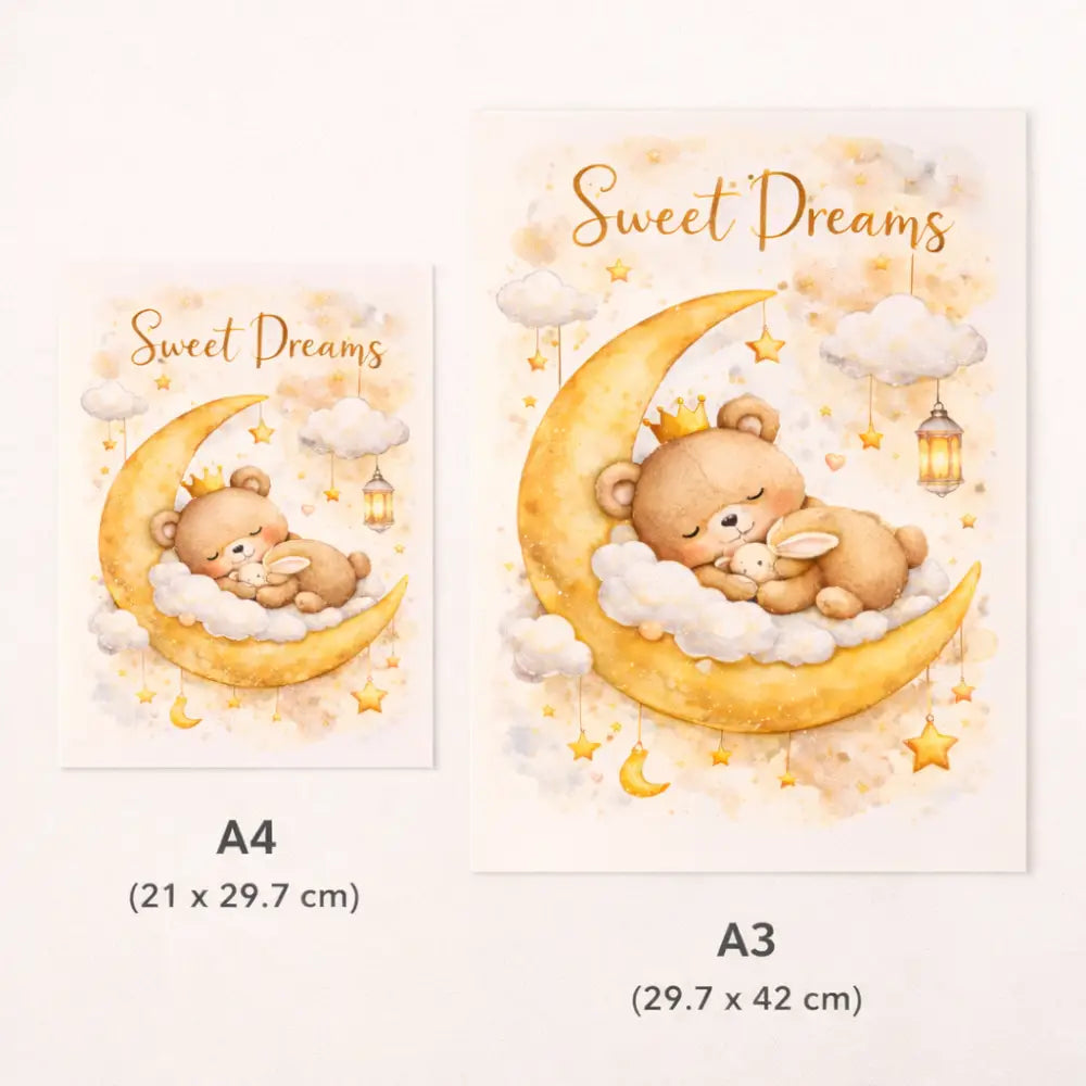 Affiche chambre bébé ours et lune avec ourson endormi sur lune et lapin en tons beige parfait pour chambre bébé