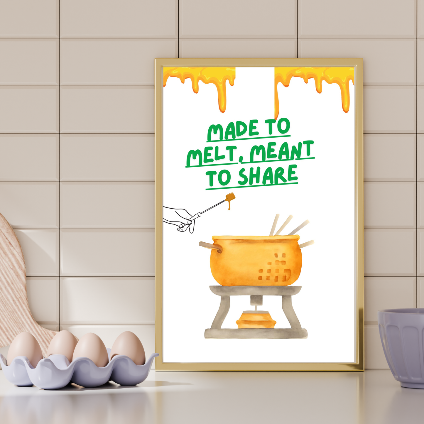 Kitchen wall art with cheese fondue illustration and cozy quote