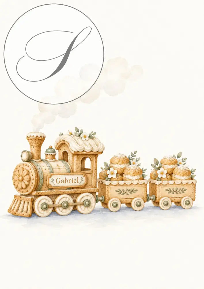 Cadeau naissance : affiche petit train gourmand avec le prénom de bébé sur la locomotive, tons crème et vert sauge