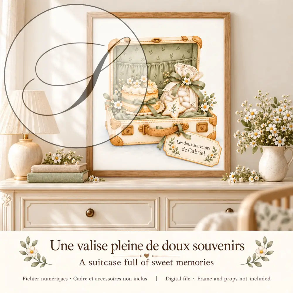 Cadeau naissance : une valise pleine de doux souvenirs, affiche encadrée sur une commode de chambre de bébé