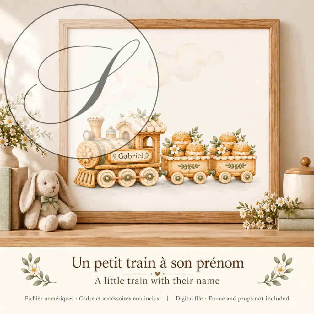 Cadeau naissance personnalisé : un petit train à son prénom, affiche encadrée près d'une peluche lapin