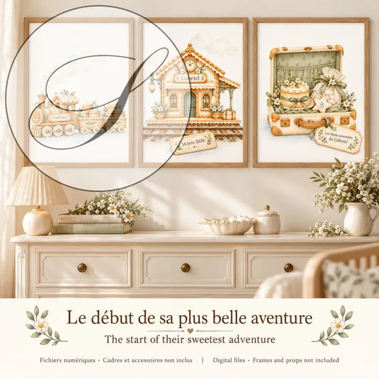 Cadeau naissance personnalisé : 3 affiches petit train, gare et valise au prénom de bébé, encadrées au-dessus d'une commode, le début de sa plus belle aventure