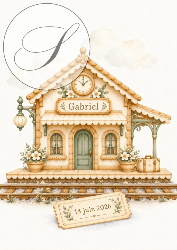Cadeau naissance personnalisé : affiche petite gare au prénom de bébé avec billet à la date de naissance