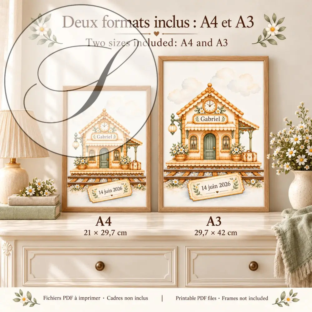 Cadeau naissance à imprimer : affiche gare au prénom en formats A4 21 x 29,7 cm et A3 29,7 x 42 cm