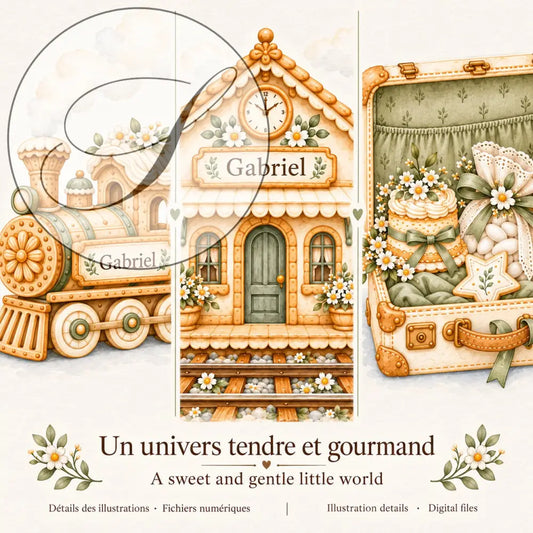 Cadeau naissance garçon : pack de 3 affiches personnalisées petit train, gare et valise, un univers tendre et gourmand