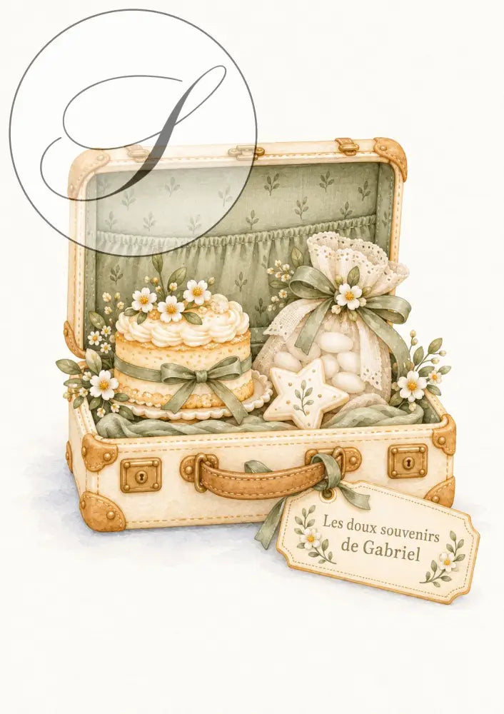 Cadeau naissance personnalisé : affiche valise ouverte avec gâteau et étiquette Les doux souvenirs au prénom de bébé