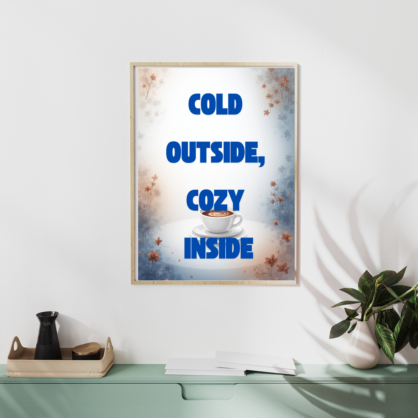 Minimalist cozy coffee wall art design with winter aesthetic