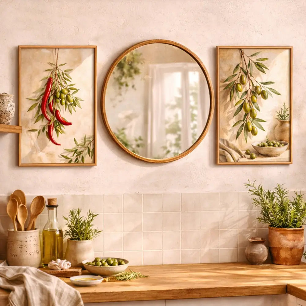 Miroir rond avec cadre en bois dans affiche cuisine vintage lot 3 posters décoration murale cuisine moderne