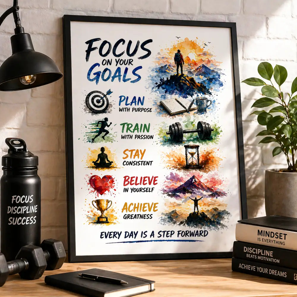 Affiche motivation à imprimer avec cadre noir et illustrations en aquarelle texte 