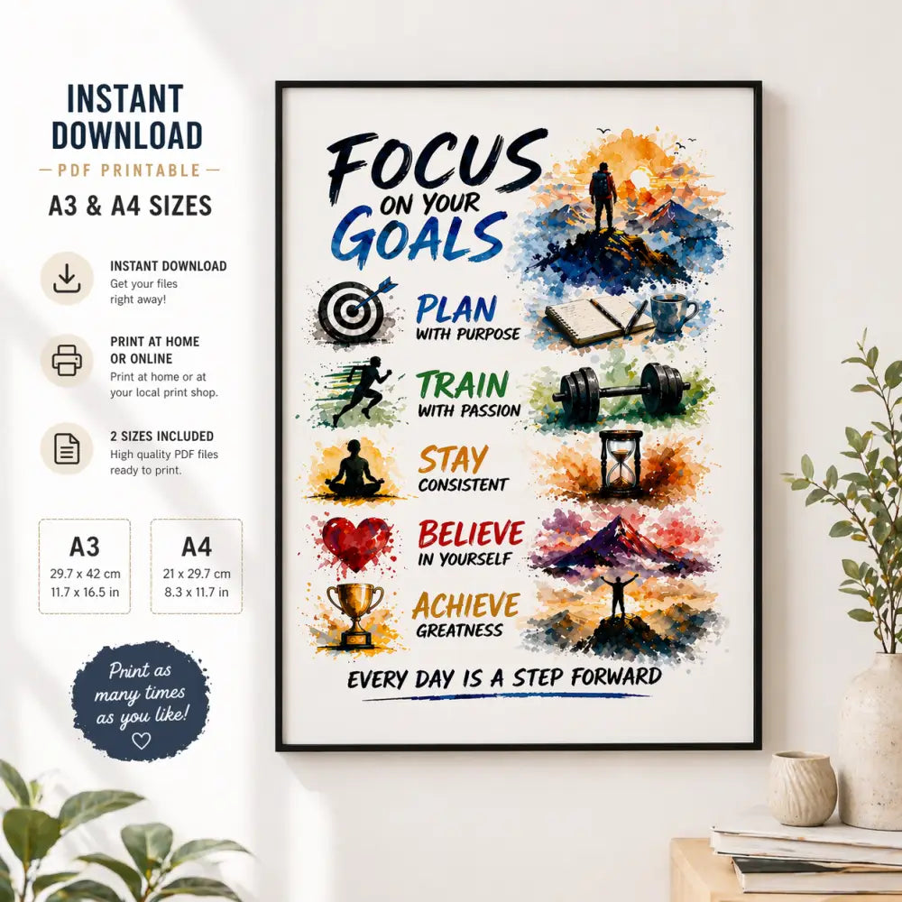 Affiche motivation à imprimer avec texte focus on your goals en noir et bleu et icônes pour planification et réussite