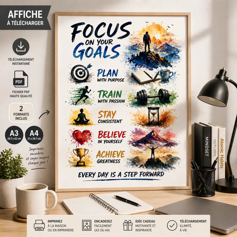 Affiche motivation à imprimer avec design aquarelle montagne et texte focus on your goals en bleu pour décoration murale inspirante