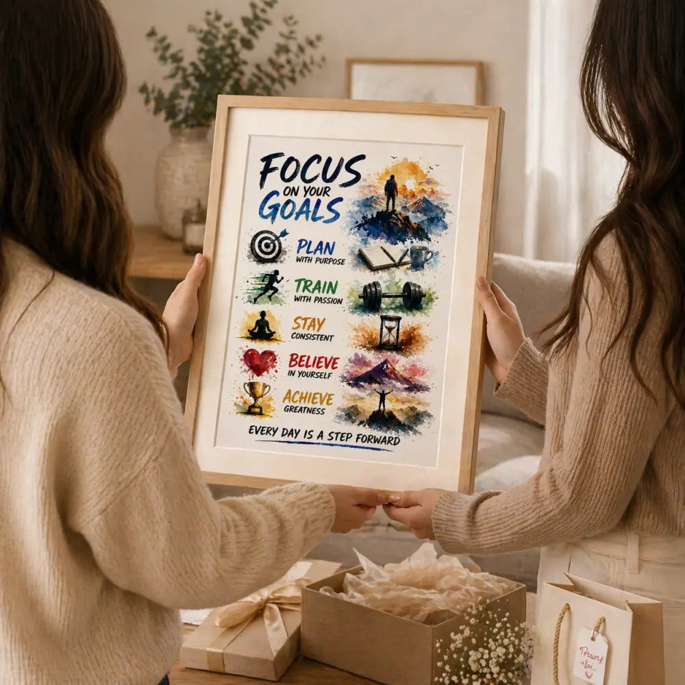Affiche motivation à imprimer avec design aquarelle et texte focus on your goals encadrée en bois clair