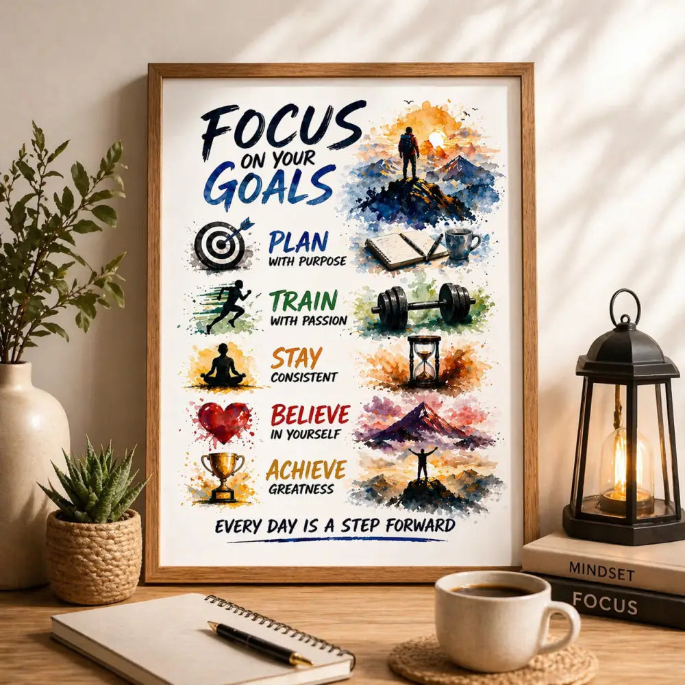 Affiche motivation à imprimer avec design aquarelle montagnes icônes cible et haltère texte focus on your goals noir bleu