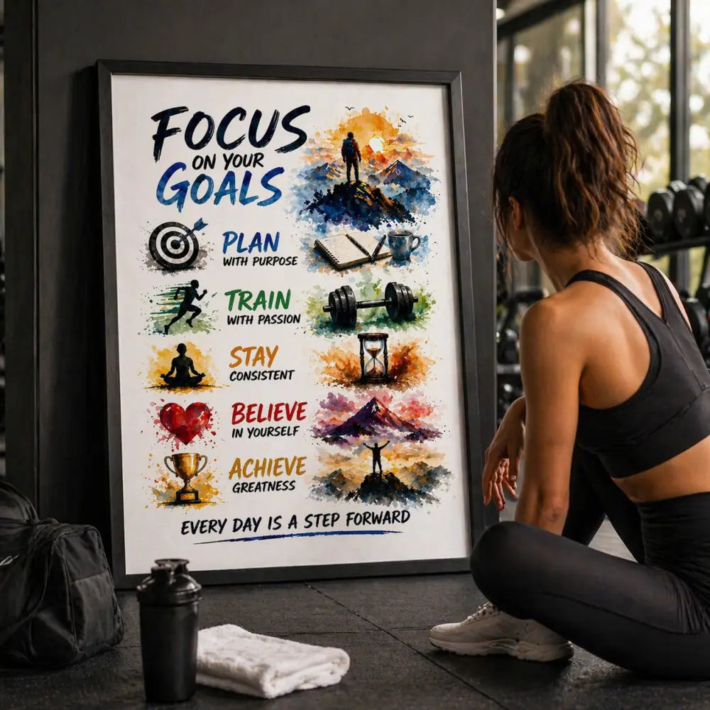 Affiche motivation à imprimer avec poster citation coloré focus on your goals pour décoration murale inspirante