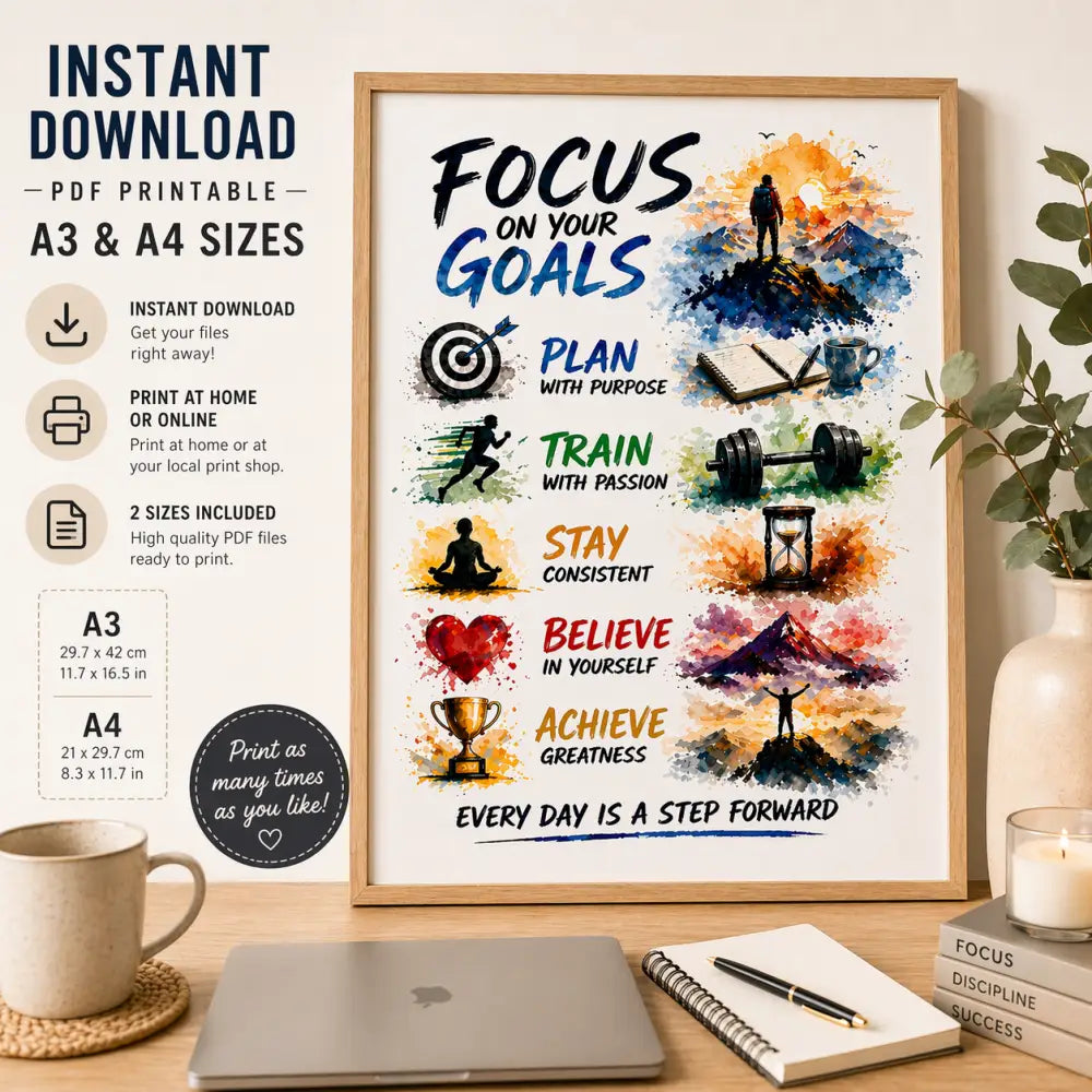 Affiche motivation à imprimer avec illustration aquarelle et texte bold focus on your goals dans cadre en bois