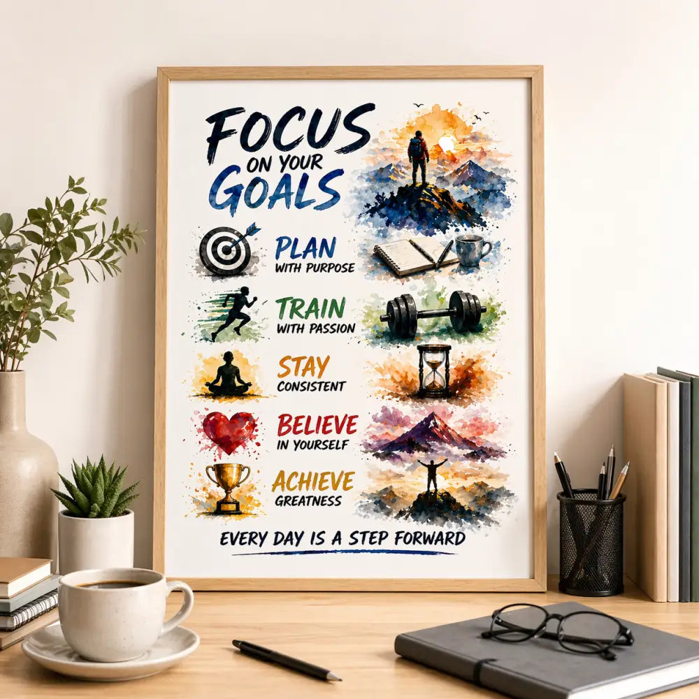 Affiche motivation à imprimer avec citation focus on your goals en noir et bleu avec illustrations inspirantes