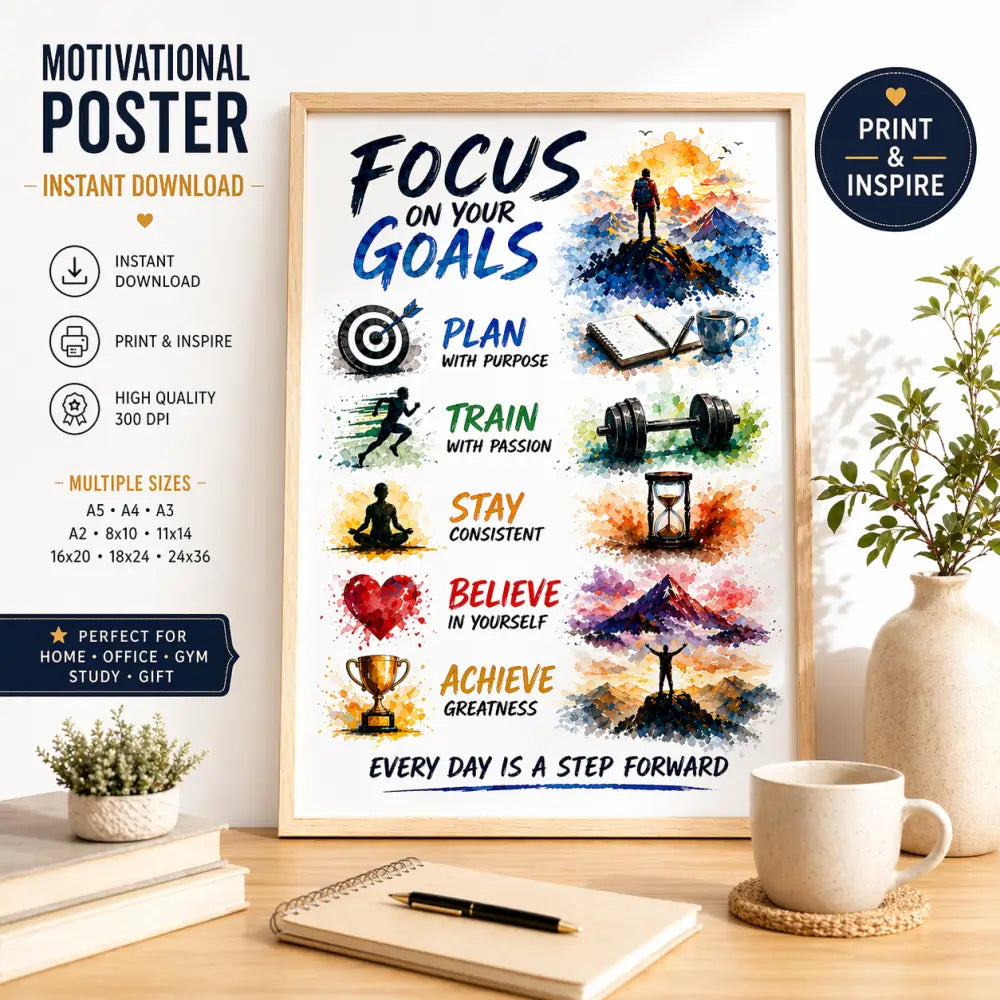 Affiche motivation à imprimer avec citation focus on your goals en bleu et illustrations colorées pour décoration murale inspirante