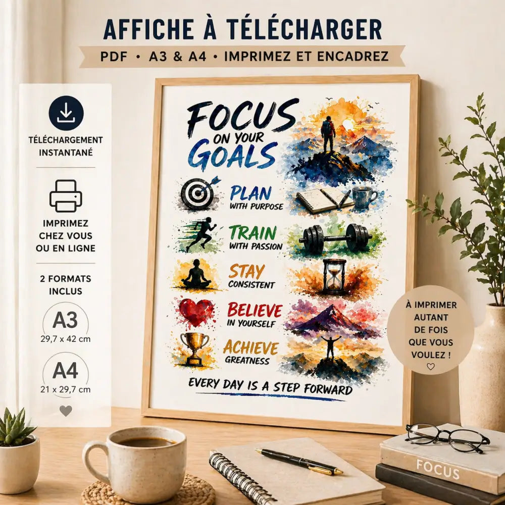 Affiche motivation à imprimer avec texte focus on your goals en lettres bleues noires et rouges pour décoration murale inspirante